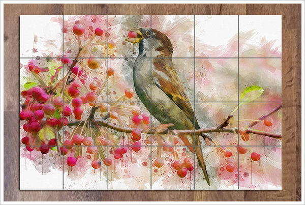 Sparrow Berry Watercolor -  Tile Mural